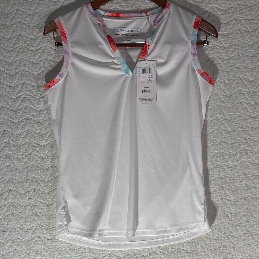 Pebble Beach White Sleeveless V-Neck Tank with Pink and Blue Floral Trim